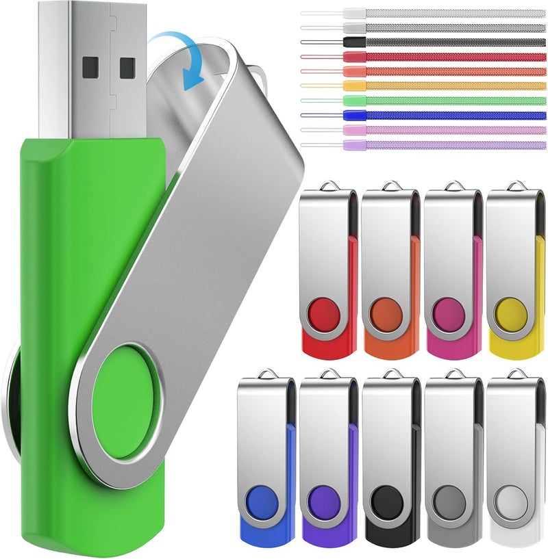 FEBNISCTE Thumb Drive 4GB 10 Pack USB Flash Drives Bulk, Swivel Jump Drive 4 GB Multi-Coloured Pen Drive USB 2.0 Memory Stick with Cords, Data Storage Pendrive 10 Color Assorted Zip Drives - Image 1